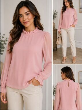 Aifer Women’s Blush Pink Ruffle Neck Blouse Long Sleeve Size M NWT